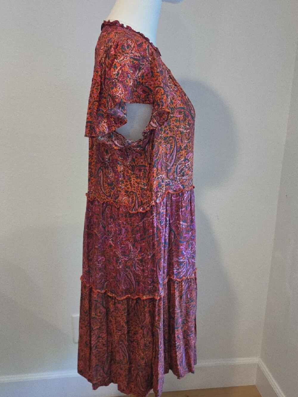 Anthropologie Pink Paisley Ruffled V-Neck Tiered Mini Dress - Picture 7 of 13